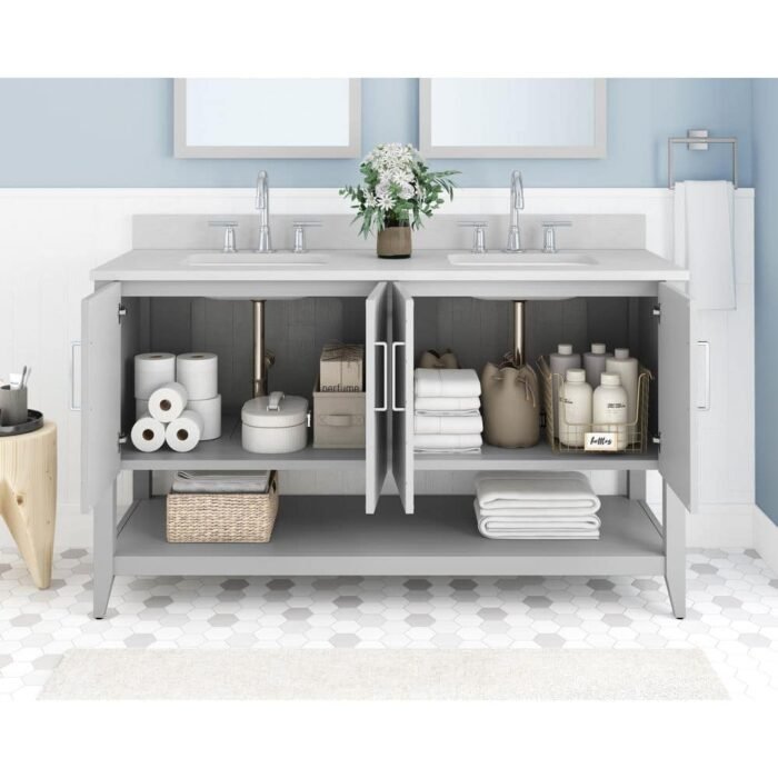 Baybarn 60 in. Double Sink Gray Bath Vanity with White Engineered Carrara Top (Assembled) - Image 3