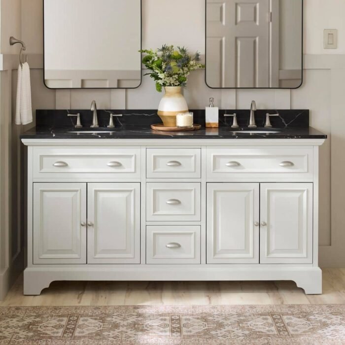 Sadie 67 in. Double Sink Matte Pearl Bath Vanity with Black Marquina Quartz Top (Assembled)