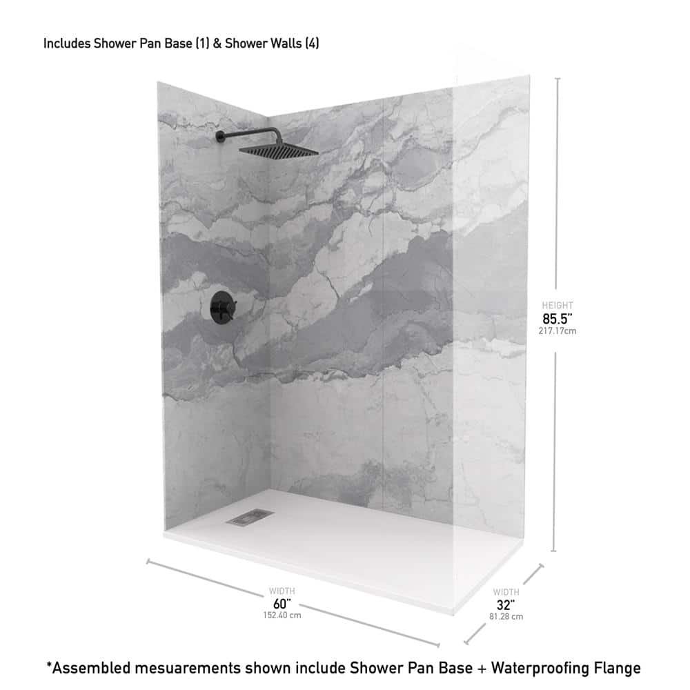 60 in. x 32 in. x 84 in. Alcove Solid Composite Stone Shower Kit-Italian Ice Walls and L/R WH Sand Shower Pan Base - Image 4