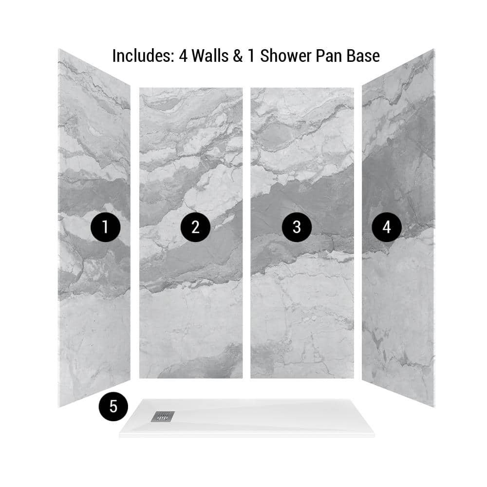 60 in. x 32 in. x 84 in. Alcove Solid Composite Stone Shower Kit-Italian Ice Walls and L/R WH Sand Shower Pan Base - Image 3