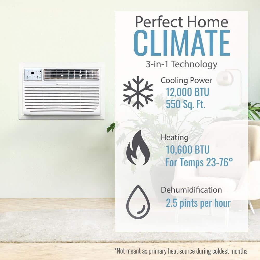 12,000 BTU 230V Through-The-Wall AC 10,600 BTU Supplemental Heat Remote Sleep Mode 24H Timer for Rooms up to 550 Sq. Ft. - Image 2