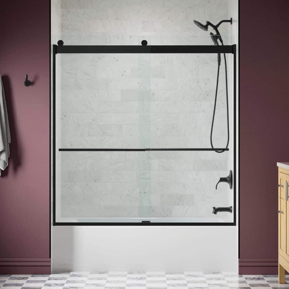 Claro 57 - 60 in. W x 62 in. H Frameless Sliding Tub Door in Matte Black with 1/4 in. thick Crystal Clear Glass