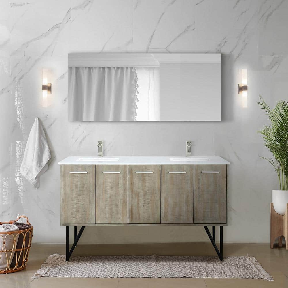 Lancy 60 in W x 20 in D Rustic Acacia Double Bath Vanity, White Quartz Top and 55 in Mirror