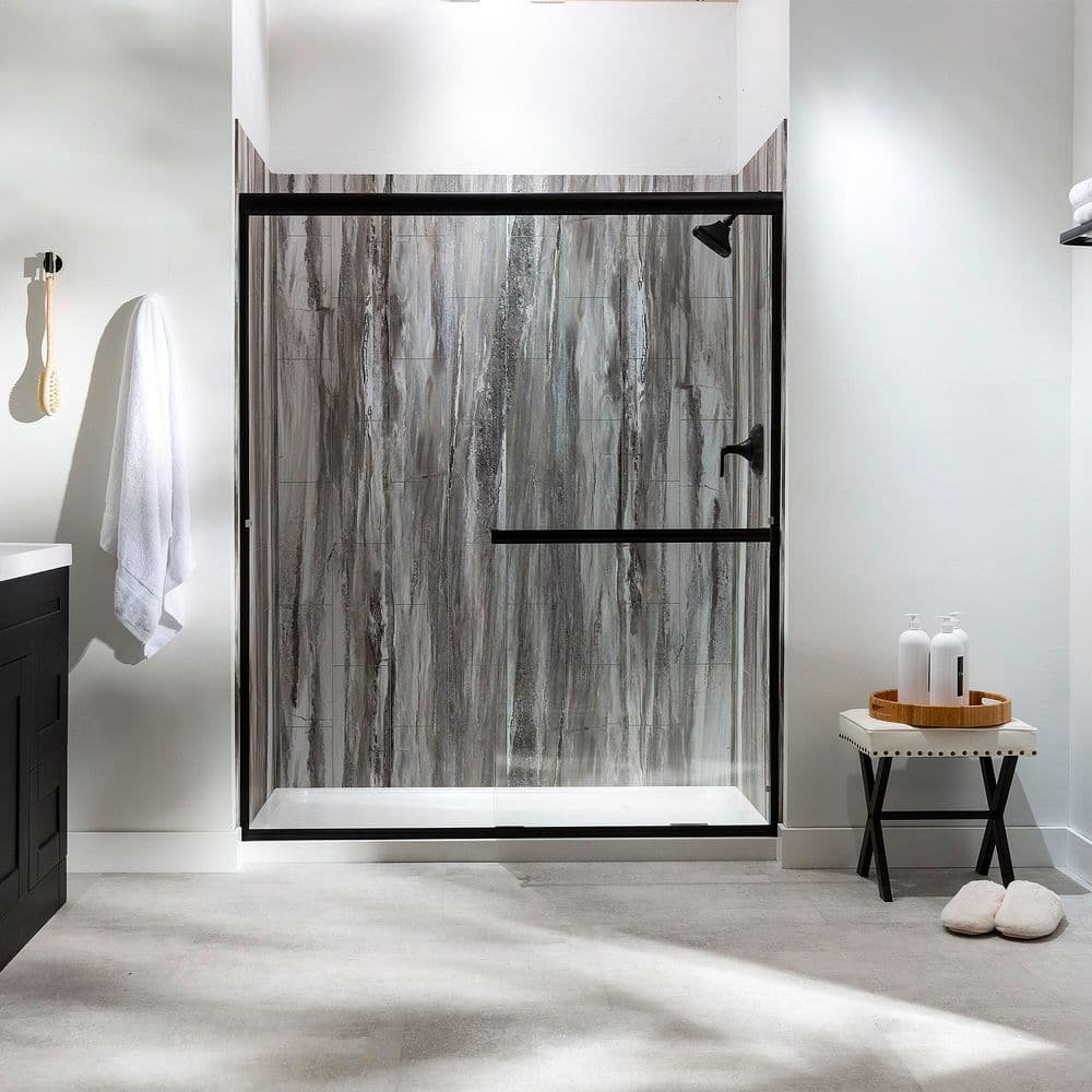 36in x 60in x 78in 4-Piece Glue-Up Alcove Shower Wall, Shelf, Trim Kit in Louvre Granite