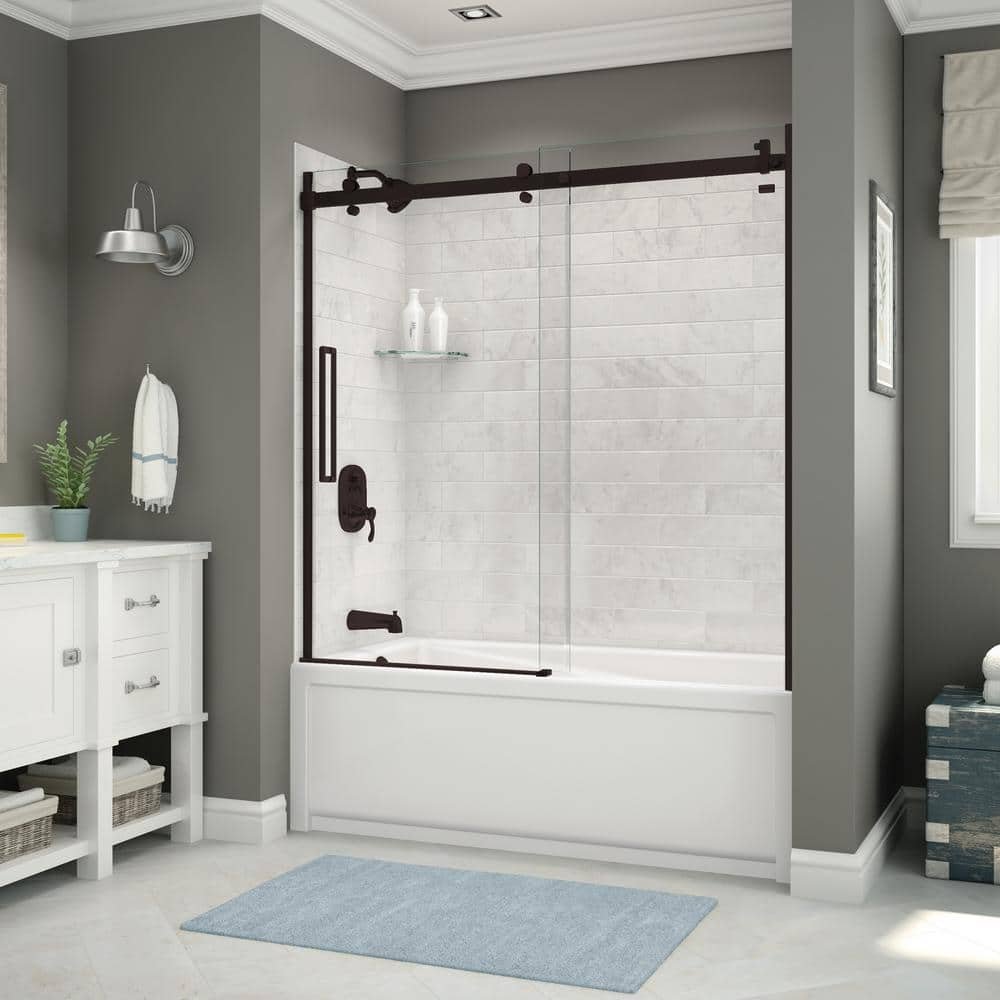 Utile 32 in. x 60 in. x 81 in. Bath and Shower Combo in Marble Carrara with New Town Left Drain, Halo Door Dark Bronze