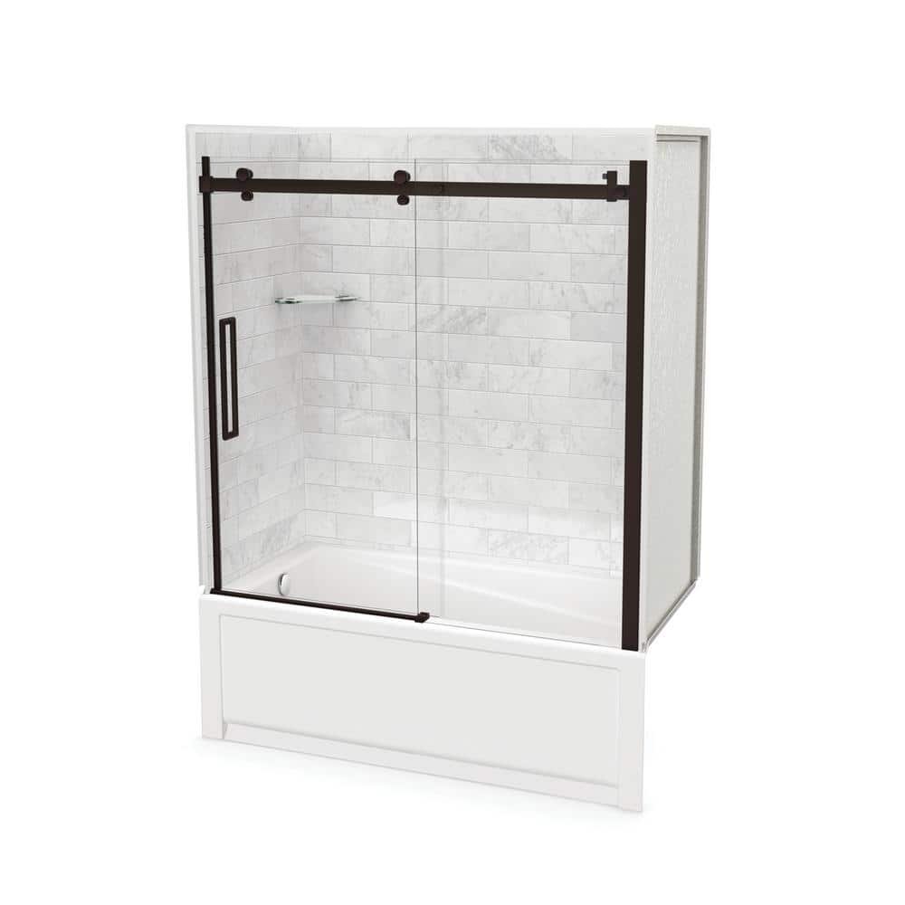 Utile 32 in. x 60 in. x 81 in. Bath and Shower Combo in Marble Carrara with New Town Left Drain, Halo Door Dark Bronze - Image 4