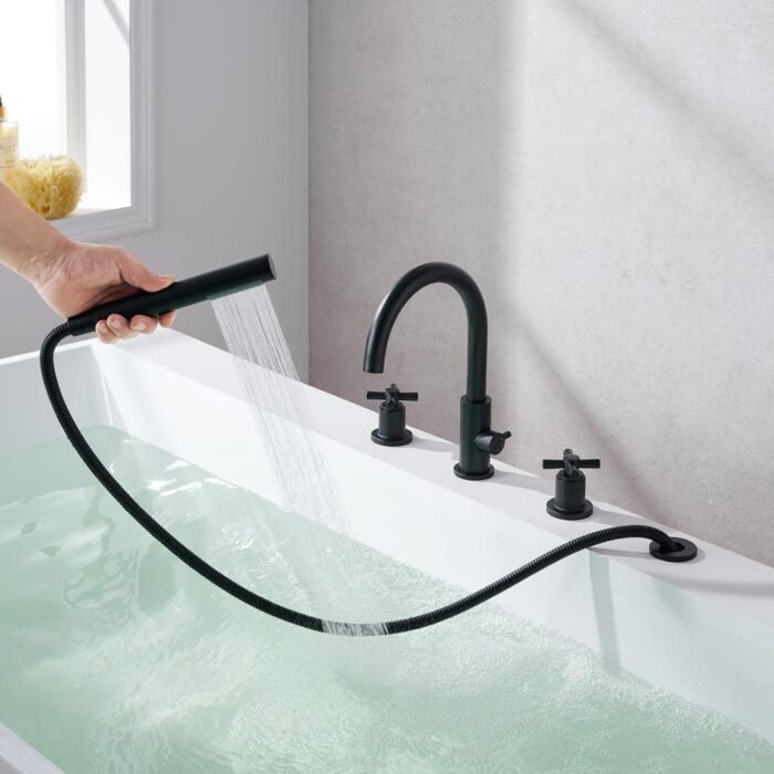 Sundale 2-Handle Deck-Mount Roman Tub Faucet with Handshower in Matte Black - Image 4