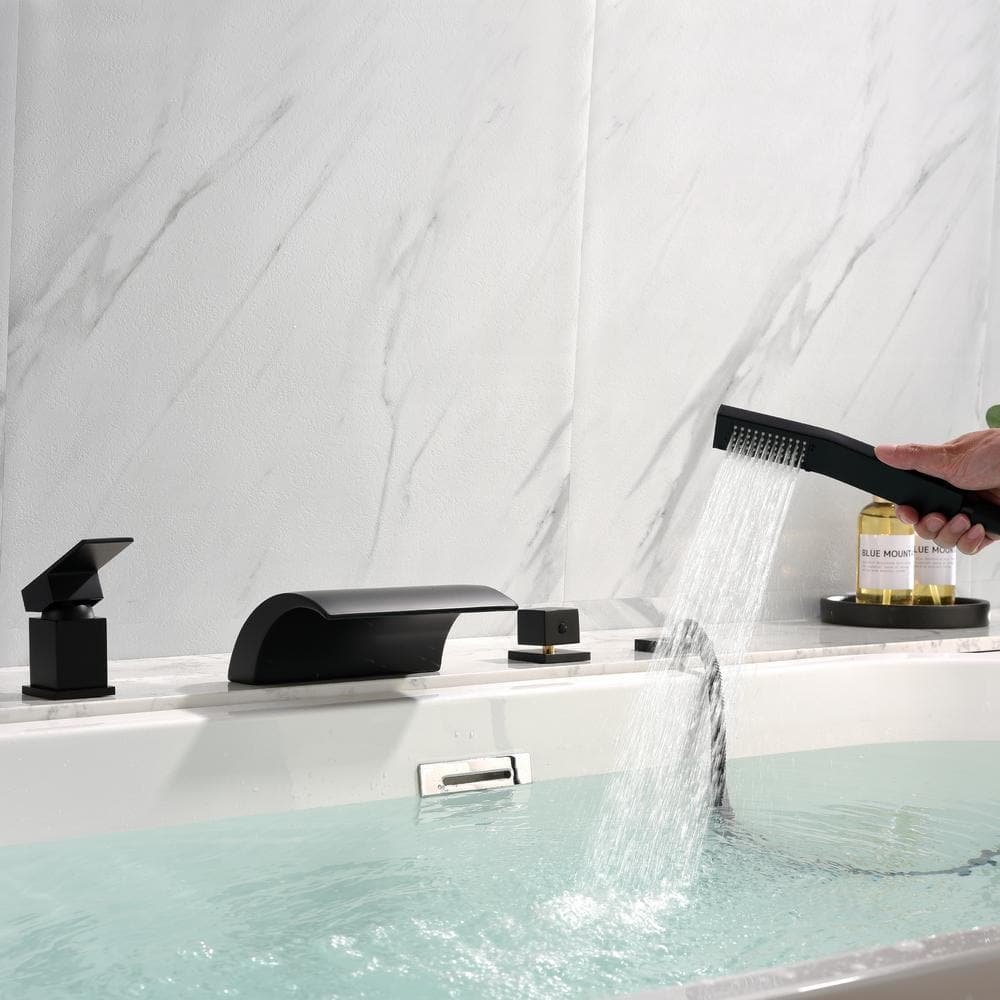 2-Handle Tub Mount Roman Tub Faucet with Water Supply Lines and Hand Shower in Matte Black - Image 3