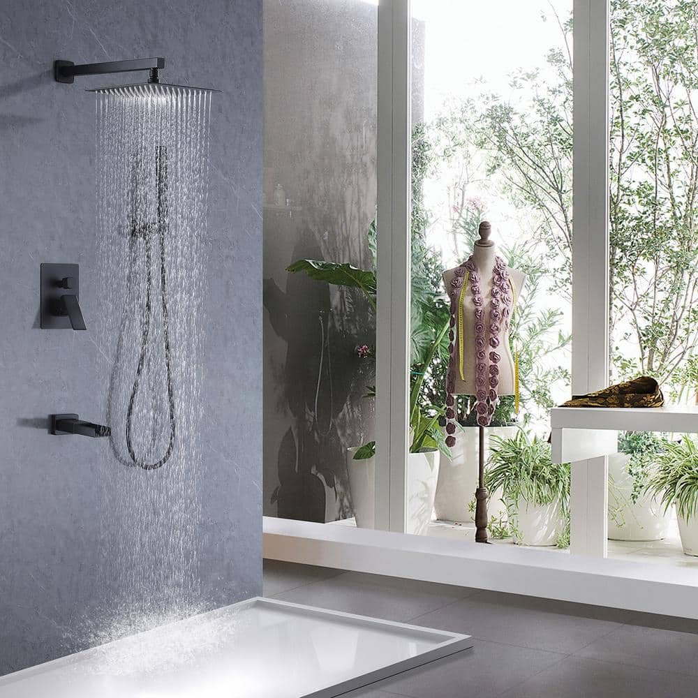 Waterfall Spout Single Handle 3-Spray Square High-Pressure Tub Shower Faucet 2.5 GPM in Matte Black (Valve Included) - Image 3