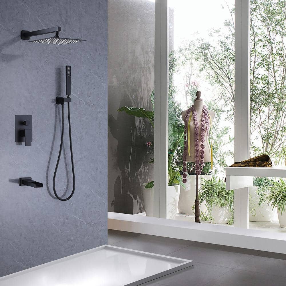 Waterfall Spout Single Handle 3-Spray Square High-Pressure Tub Shower Faucet 2.5 GPM in Matte Black (Valve Included) - Image 2