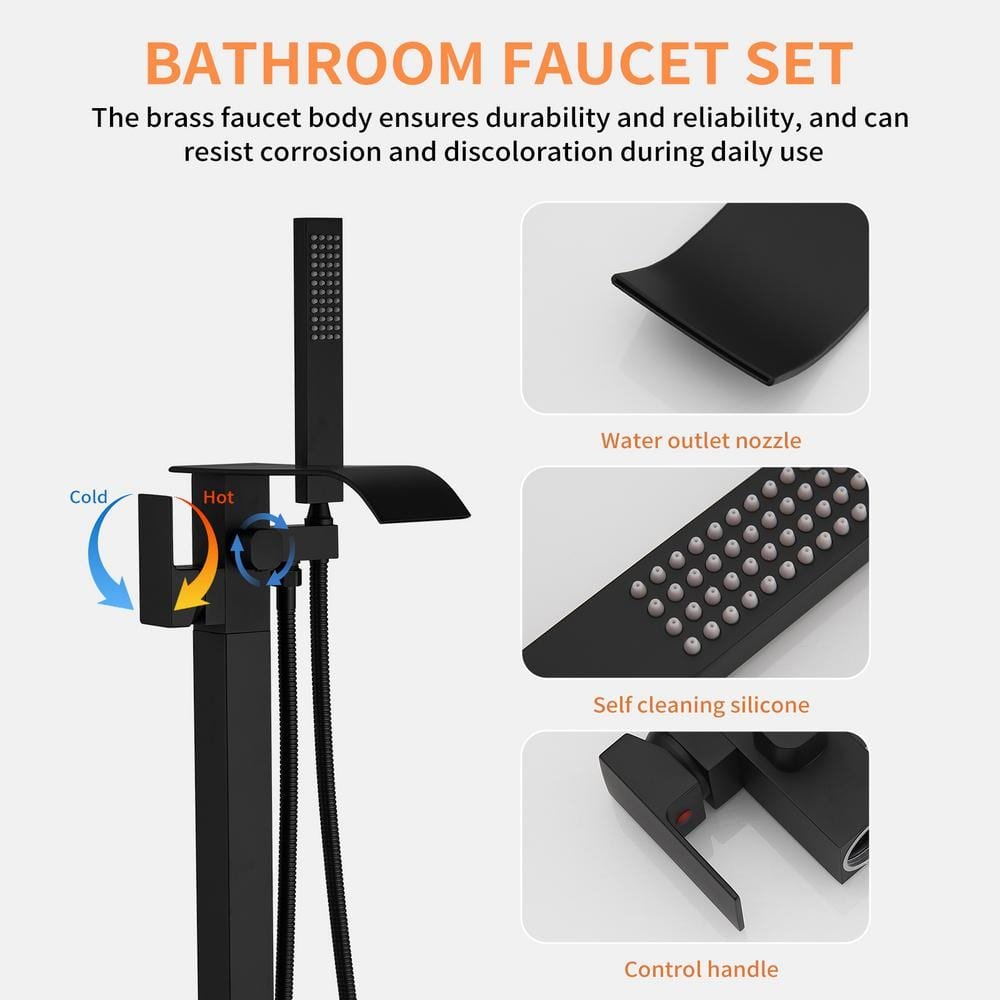 Single-Handle Freestanding Tub Faucet with Hand Shower Brass Waterfall Floor Mount Tub Filler in. Matte Black - Image 3