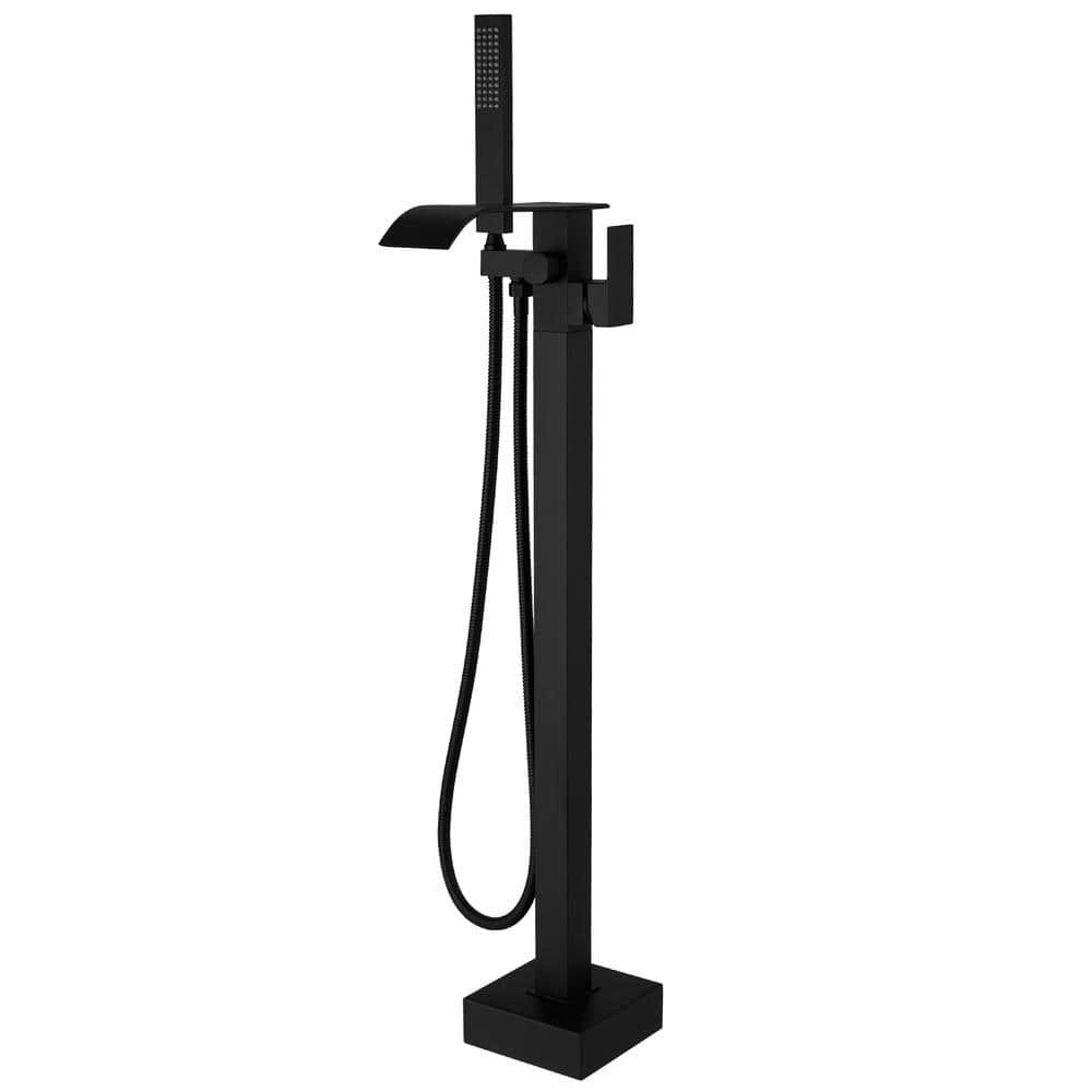 Single-Handle Freestanding Tub Faucet with Hand Shower Brass Waterfall Floor Mount Tub Filler in. Matte Black