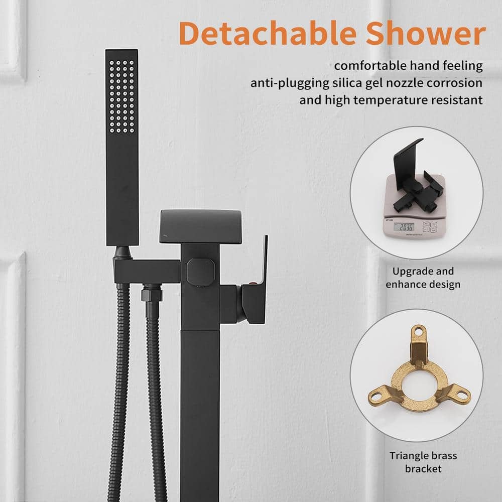Single-Handle Freestanding Tub Faucet with Hand Shower Brass Waterfall Floor Mount Tub Filler in. Matte Black - Image 4