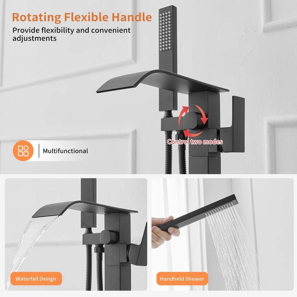 Single-Handle Freestanding Tub Faucet with Hand Shower Brass Waterfall Floor Mount Tub Filler in. Matte Black - Image 2