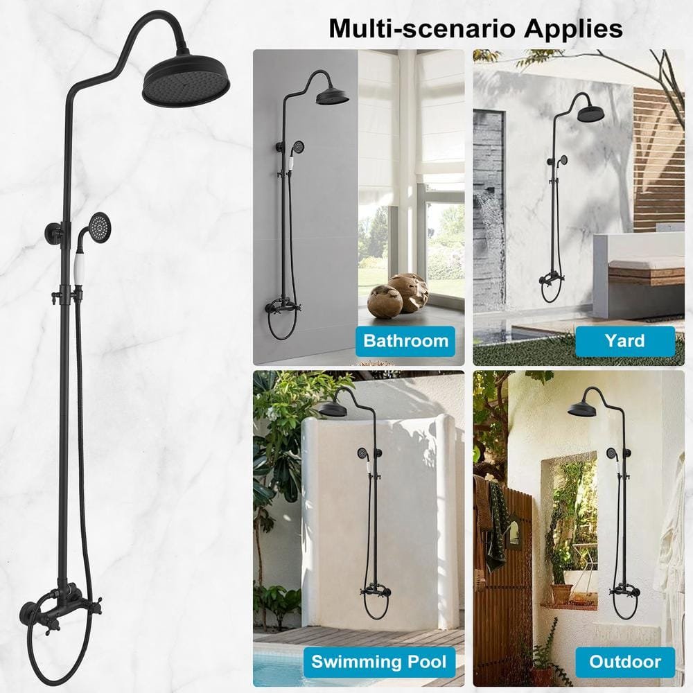 Double-Handle 2-Spray 8in Rainfall Shower Head Wall Bar Shower Kit with Hand Shower Mixer Shower System Taps, Black - Image 2