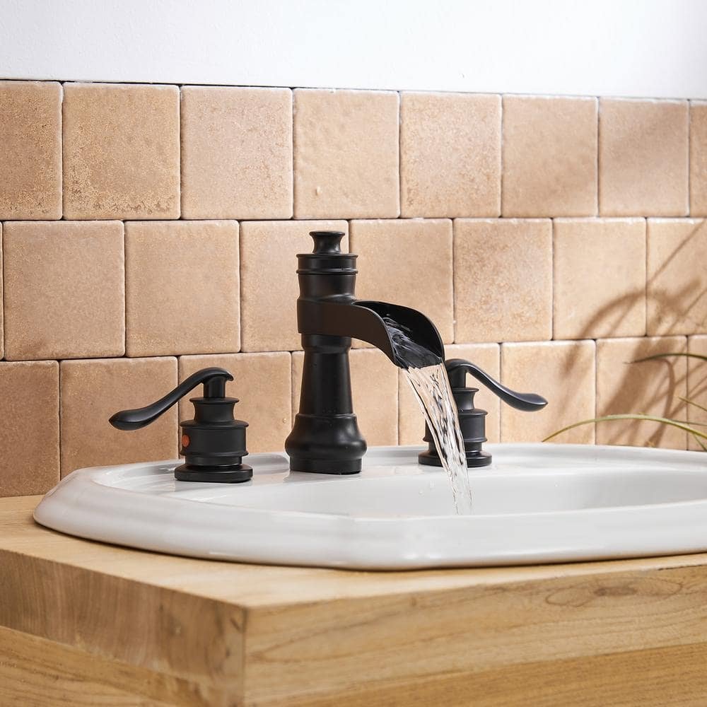 8 in. Waterfall Widespread 2-Handle Bathroom Faucet With Pop-up Drain Assembly in Spot Resist Matte Black - Image 2