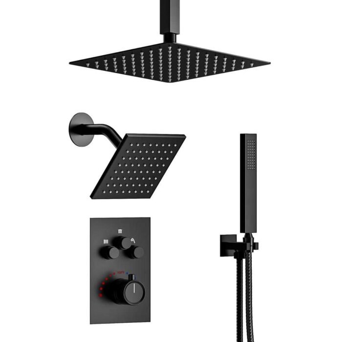 10 in. and 12 in. Dual Shower Head Triple Handles 3-Spray Tub and Shower Faucet 2.5 GPM in Matte Black Valve Included - Image 4
