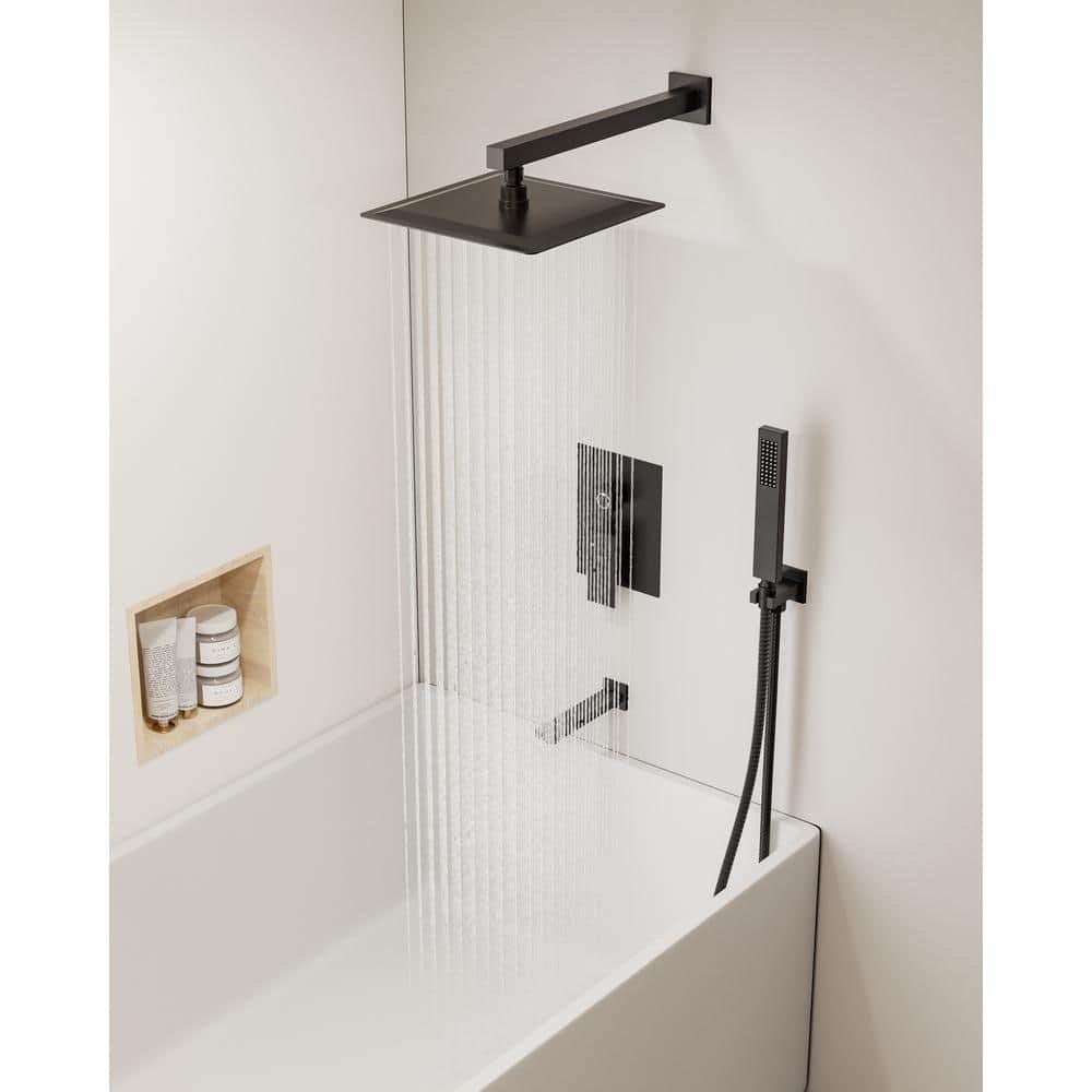 Double Handles 3-Spray 10 in. Wall Mount Shower Head Tub and Shower Faucet in Matte Black (Valve Included) - Image 2