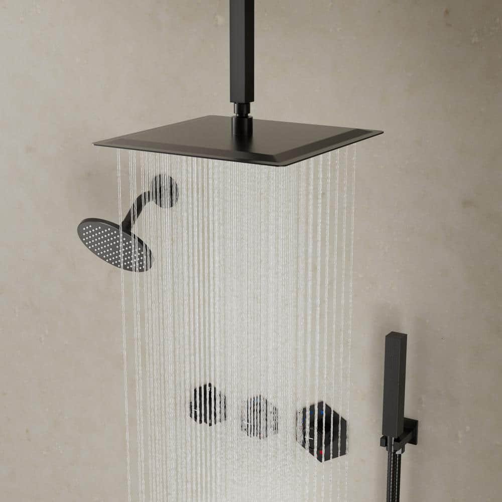 Thermostatic Valve 5-Spray 12 and 6 in. Shower Faucet with 2-Function Handheld Shower in Matte Black - Image 3