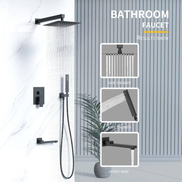 Single-Handle 3-Spray 12'' Tub and Shower Faucet Combo with Hand Shower in Matte Black (Valve Included) - Image 2