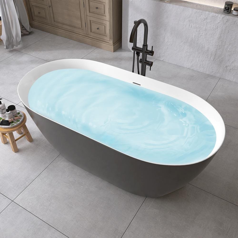 59 in. x 30 in. Free Standing Tub Oval Freestanding Soaking Bathtubs Flatbottom Stand Alone Soaker Tub in Matte Gray - Image 3
