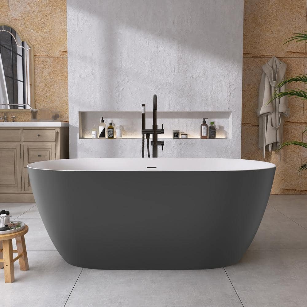 59 in. x 30 in. Free Standing Tub Oval Freestanding Soaking Bathtubs Flatbottom Stand Alone Soaker Tub in Matte Gray