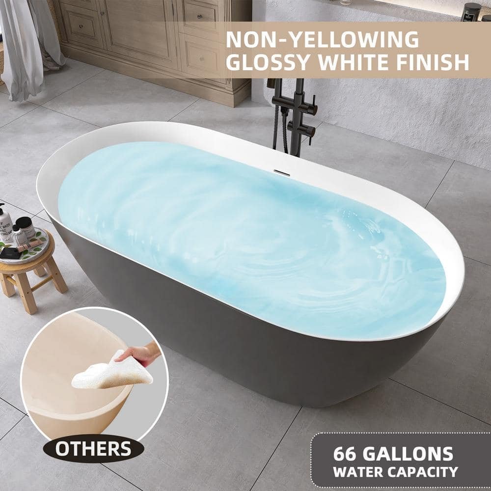 59 in. x 30 in. Free Standing Tub Oval Freestanding Soaking Bathtubs Flatbottom Stand Alone Soaker Tub in Matte Gray - Image 4