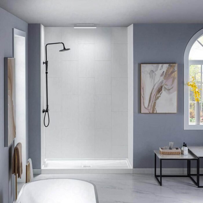 36 in. x 60 in. x 96 in. Solid Surface 3-Piece Easy Up Adhesive Alcove Shower Wall Surround in Matte White