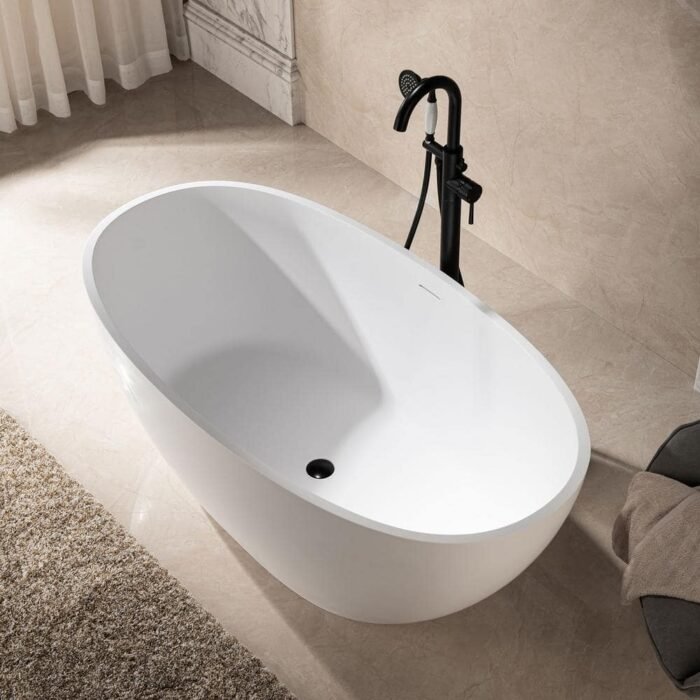 59 in. x 30.75 in. Solid Surface Stone Resin Soaking Bathtub with Center Drain in Matte White - Image 4