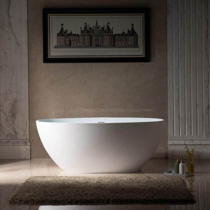 59 in. x 30.75 in. Solid Surface Stone Resin Soaking Bathtub with Center Drain in Matte White - Image 2