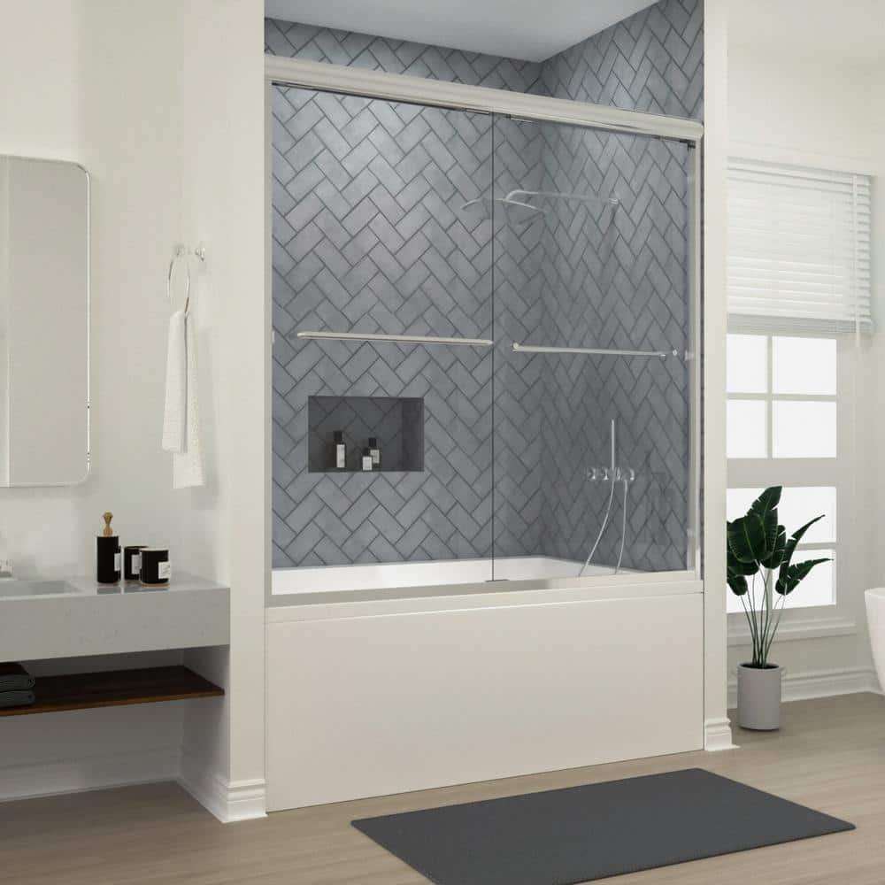 Breeze 60 in. W x 56 in. H Sliding Semi Frameless Tub Door in Chrome Finish with Clear Glass