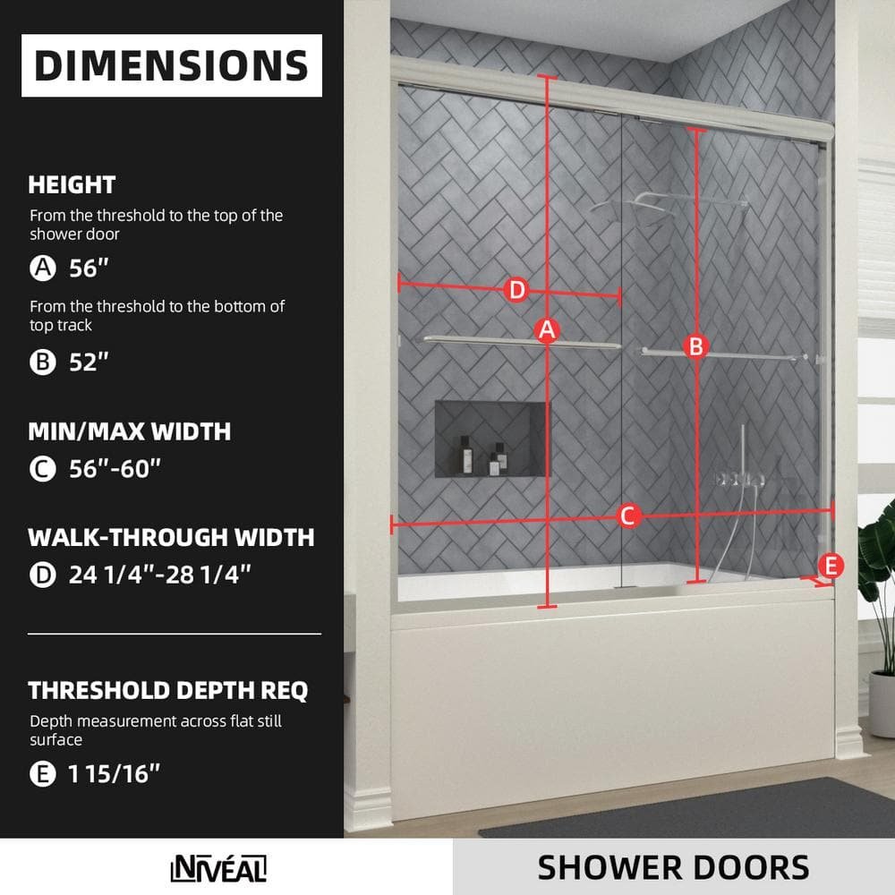 Breeze 60 in. W x 56 in. H Sliding Semi Frameless Tub Door in Chrome Finish with Clear Glass - Image 2