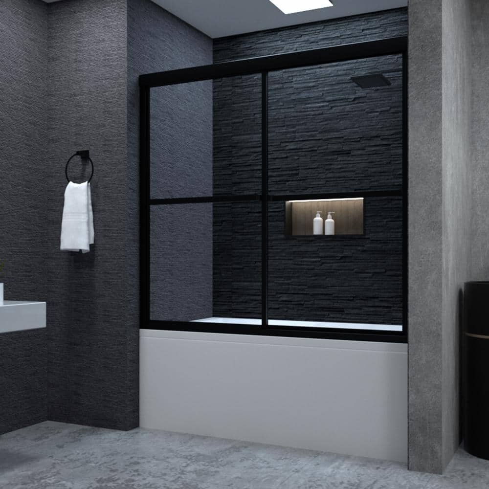 Alvin 59 in. W x 56 in. H Sliding Framed Tub Door in Matte Black Finish