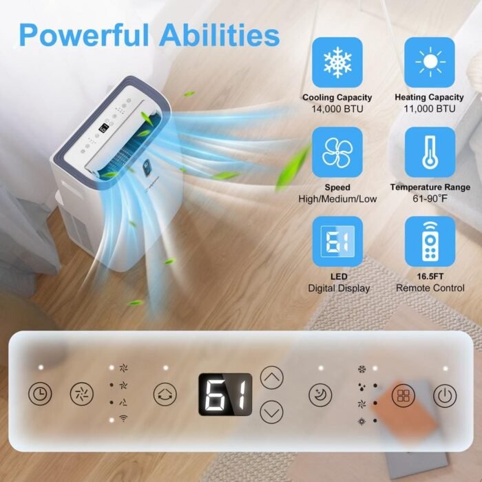 14,000 BTU Portable Air Conditioner Cools 700 sq. ft. with Heater and Dehumidifier with Wi-Fi, Auto Swing in White - Image 3