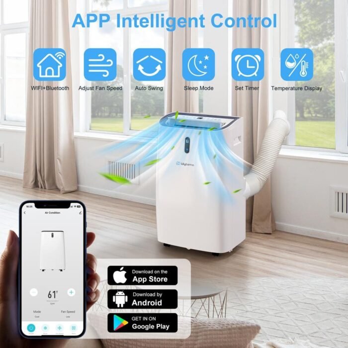 14,000 BTU Portable Air Conditioner Cools 700 sq. ft. with Heater and Dehumidifier with Wi-Fi, Auto Swing in White - Image 2