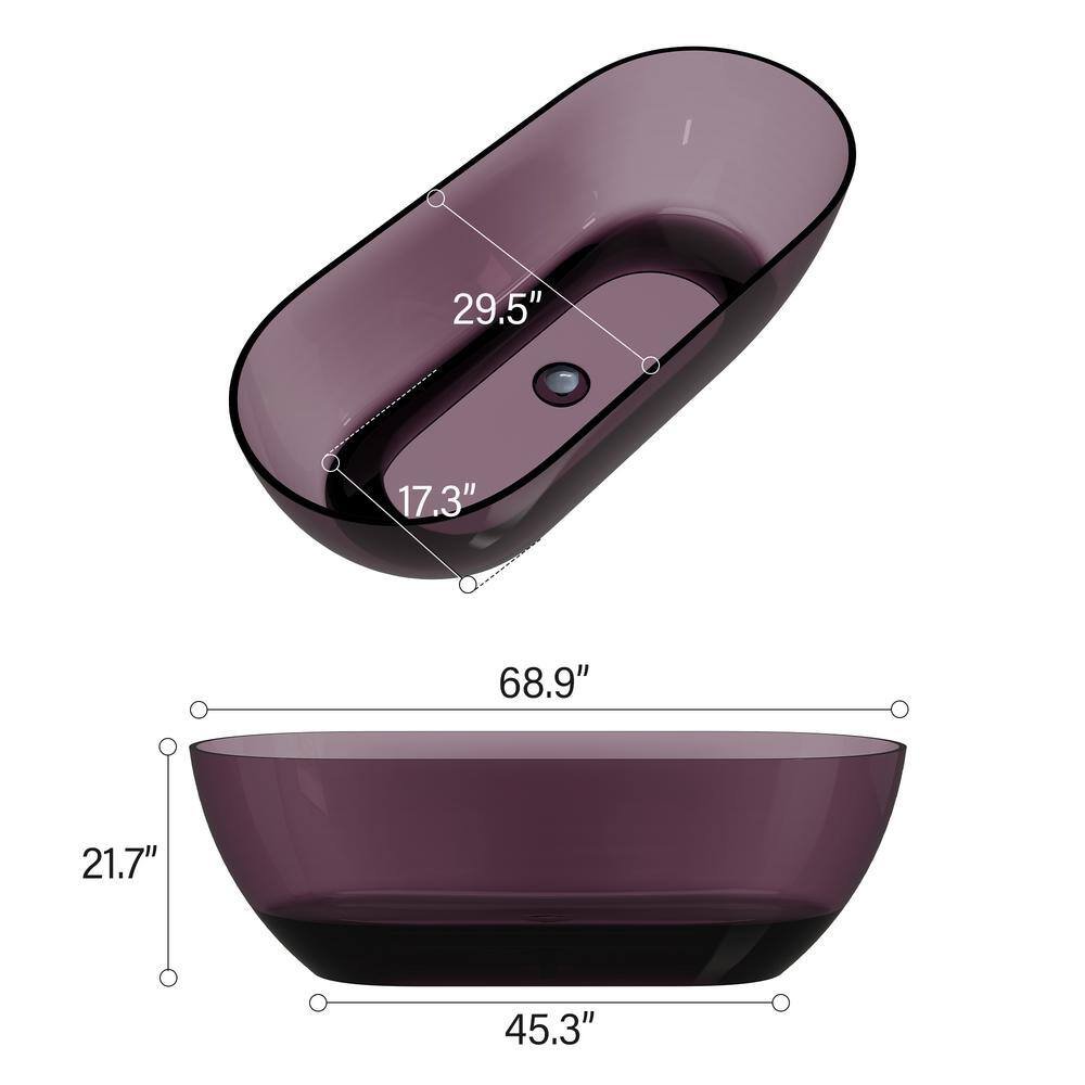 69 in. x 29.5 in. Resin Translucent Freestanding Oval Soaking Bathtub Straight Top with Center Drain in Purple - Image 2