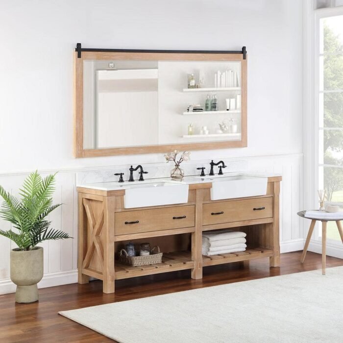 Villareal 72 in.W x 22 in.D x 34 in.H Double Farmhouse Bath Vanity in Weathered Pine with Composite Stone Top - Image 3