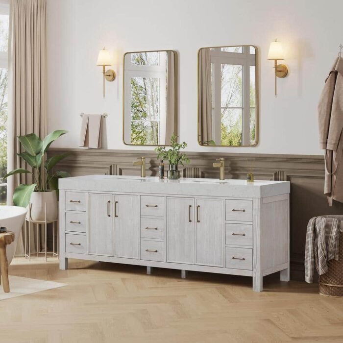 Leon 84 in. W x 22 in. D x 34 in. H Double Freestanding Bath Vanity in Washed White with White Composite Stone Top - Image 3