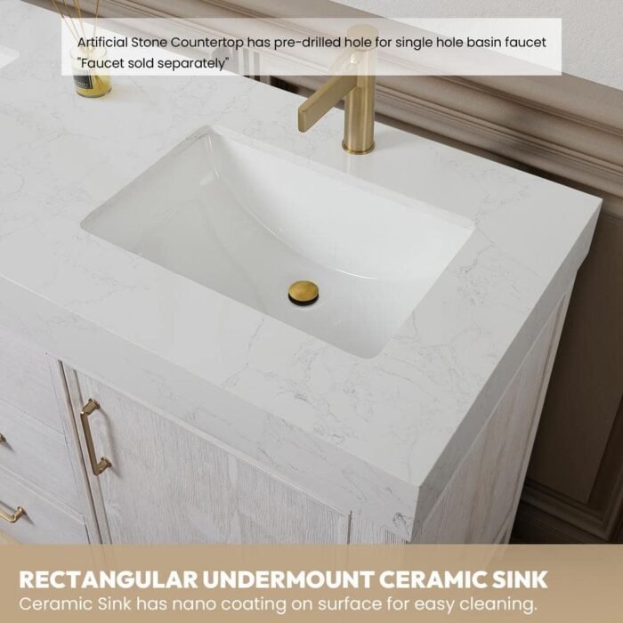 Leon 84 in. W x 22 in. D x 34 in. H Double Freestanding Bath Vanity in Washed White with White Composite Stone Top - Image 4