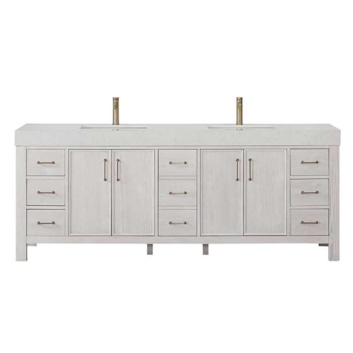 Leon 84 in. W x 22 in. D x 34 in. H Double Freestanding Bath Vanity in Washed White with White Composite Stone Top - Image 2