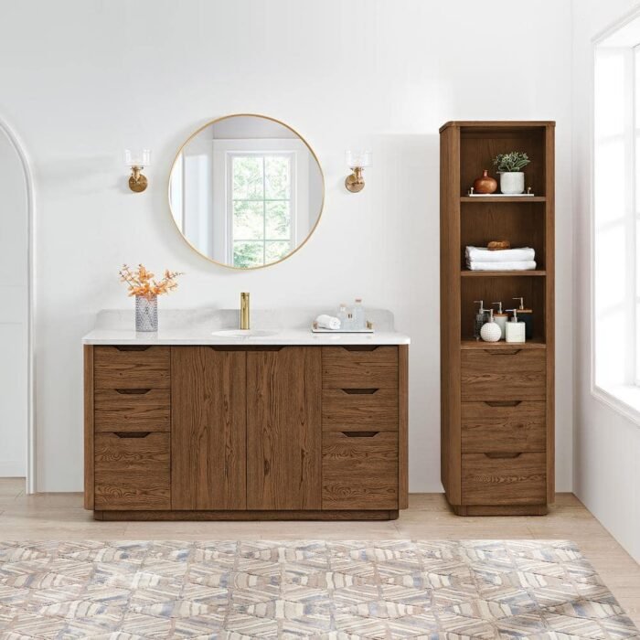 Abuja 60 in. W x 22 in. D x 33.9 in. H Single Bath Vanity in Oak Weathered Brown with White Engineered Stone Top