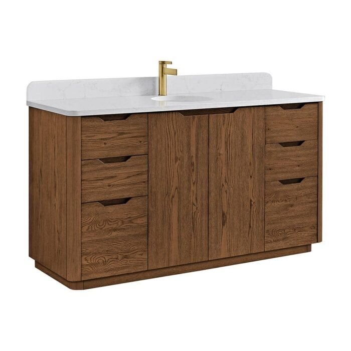 Abuja 60 in. W x 22 in. D x 33.9 in. H Single Bath Vanity in Oak Weathered Brown with White Engineered Stone Top - Image 2