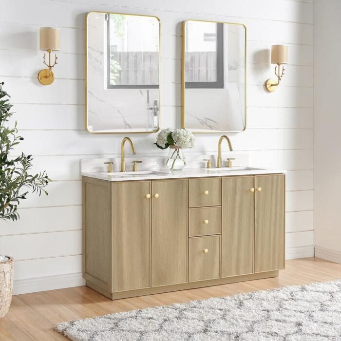 Oza 60 in.W x 22 in.D x 33.9 in.H Double Sink Bath Vanity in Natural Oak with White Quartz Stone Top - Image 3