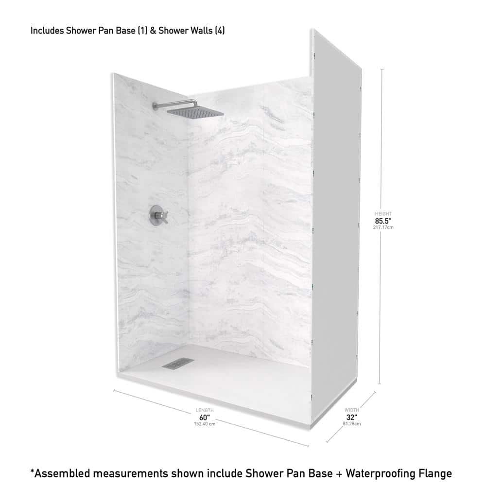 60 in. x 32 in. x 84 in. Alcove Solid Composite Stone Shower Kit - Sierra L Shower Walls and L/R WH Sand Shower Pan Base - Image 3