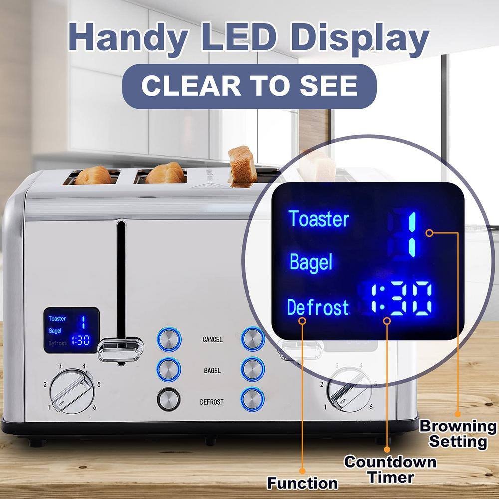 4-Slice Silver Stainless Steel Wide Slot Toaster with 6 Shade Settings, Ultra-Clear LED Display, Dual Control Panels - Image 4