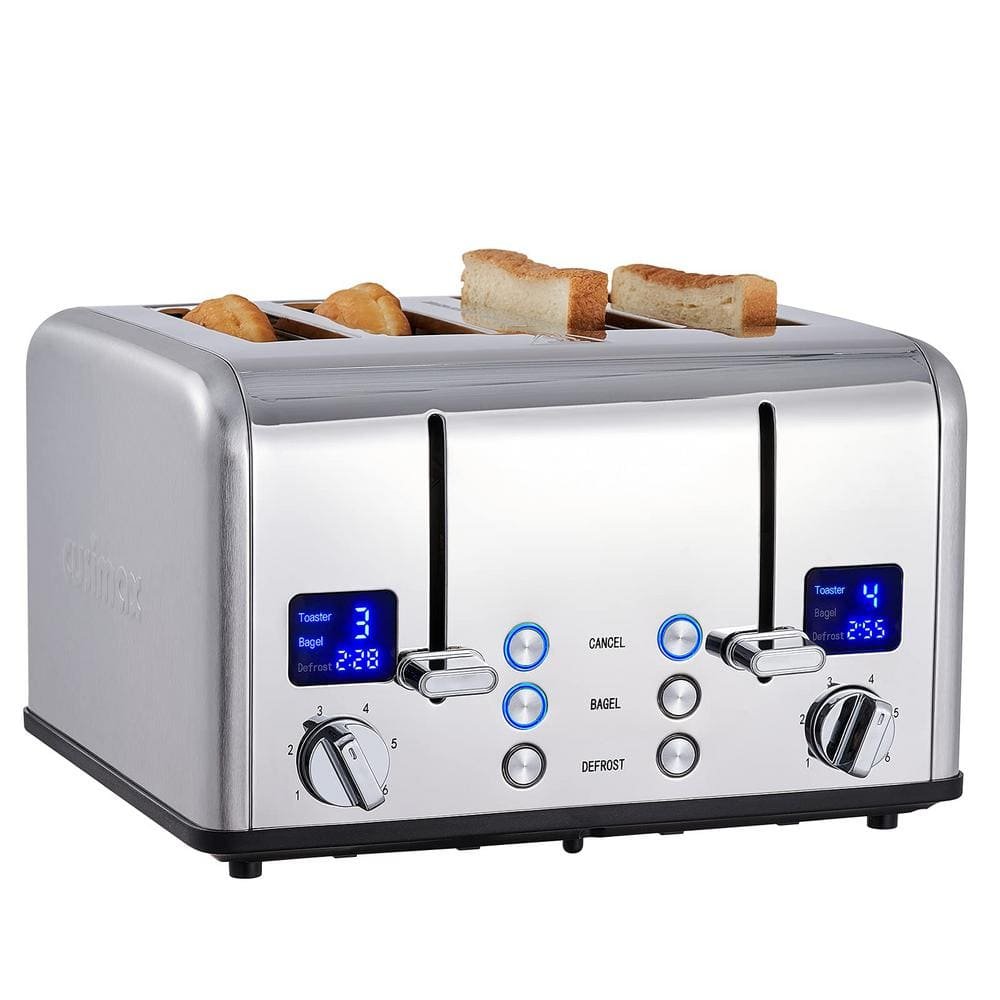 4-Slice Silver Stainless Steel Wide Slot Toaster with 6 Shade Settings, Ultra-Clear LED Display, Dual Control Panels