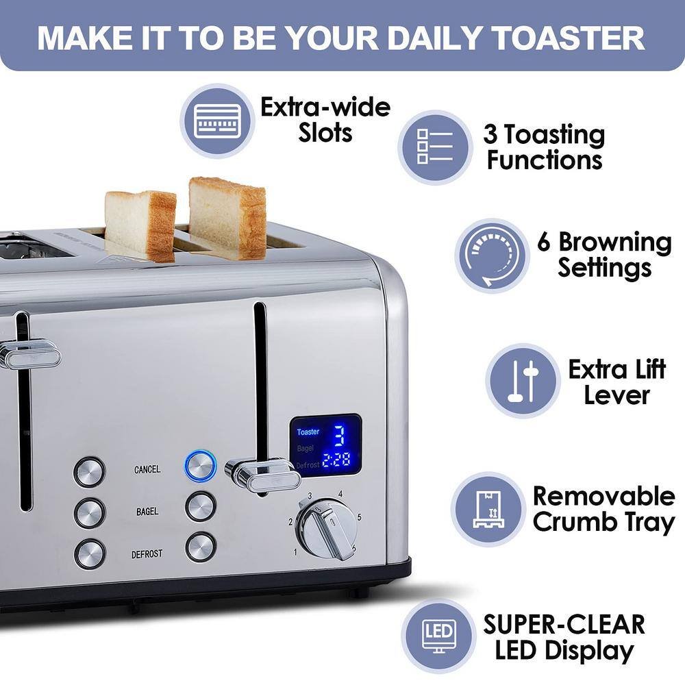 4-Slice Silver Stainless Steel Wide Slot Toaster with 6 Shade Settings, Ultra-Clear LED Display, Dual Control Panels - Image 2