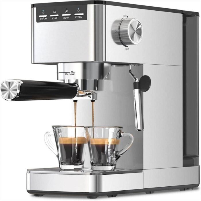 2-Cup Stainless Steel Silver Espresso Coffee Maker with Space Saving Design with Milk Frother Steam Wand