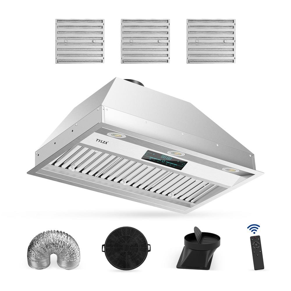 30" 900 CFM Convertible Ductless to Ducted Insert Range Hood in Stainless Steel with Charcoal Filter and Exhaust Pipe