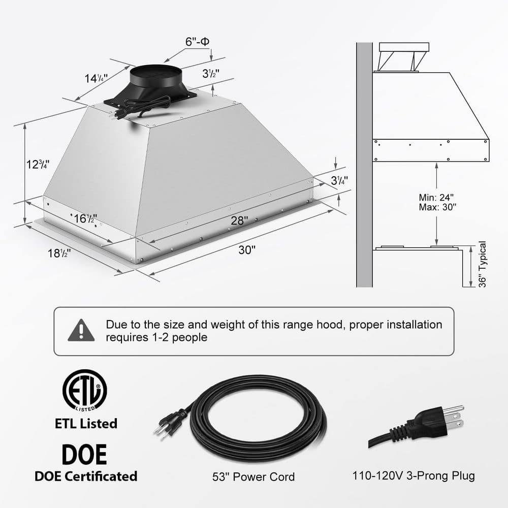 30" 900 CFM Convertible Ductless to Ducted Insert Range Hood in Stainless Steel with Charcoal Filter and Exhaust Pipe - Image 4